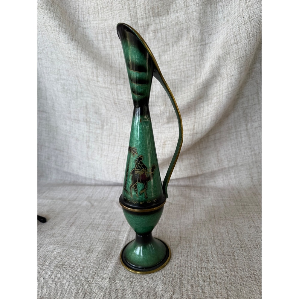 Vintage Israel Ewer Pitcher 11in Green Good Brass Enamel Camel MCM Judaica